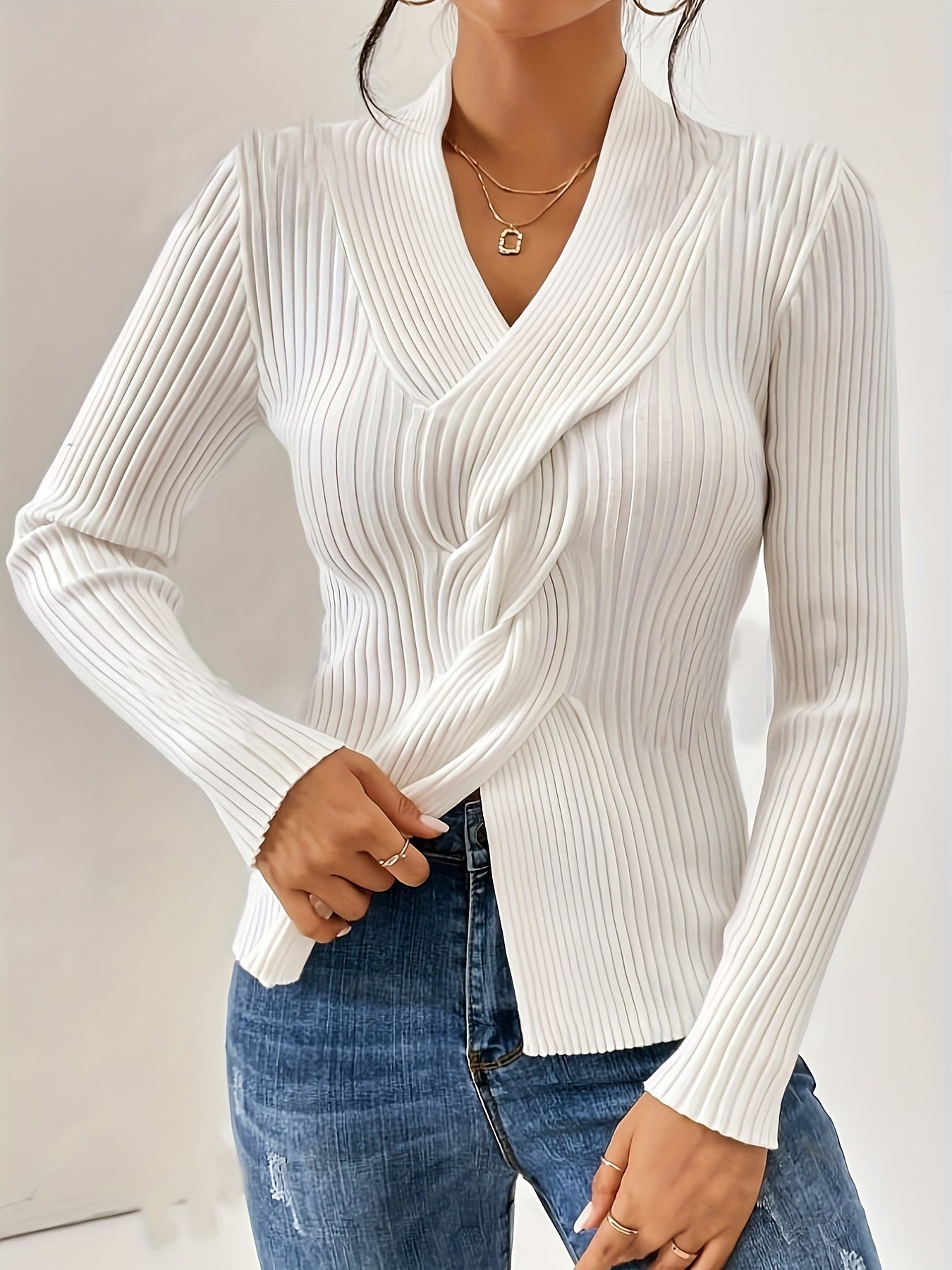 Twist Front V Neck Slim Sweater, Elegant Long Sleeve Sweater For Fall & Winter, Women's Clothing